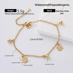 Crown 304 Stainless Steel Charm Anklets for Women, Golden, Crown, 9-1/8 inch(230mm)