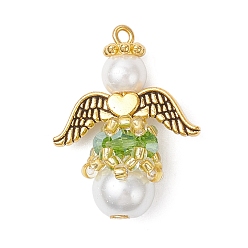 Лайм Подвески из перламутрового стекла и жемчуга, угол, с крылом из сплава и железной петлей, желто-зеленые, 26x20x10.5 мм, отверстие : 1 мм