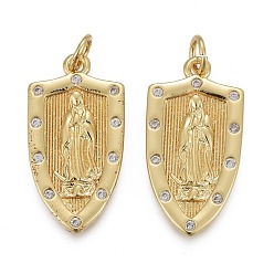 Настоящее золото 18K Латунные микропаве прозрачные подвески с фианитом, леди гваделупской чары, с прыжковых колец, долговечный, для религии, щит с девой марии, реальный 18 k позолоченный, 24x12x2 мм, отверстие : 3 мм