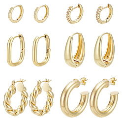 Golden 6 Pairs Brass Hoop Earring & Stud Earring Sets, Twist & Ring & Oval, Golden, 13~26x14~26x2~9mm