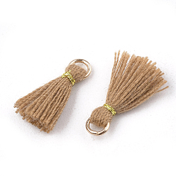 Camel Polycotton(Polyester Cotton) Tassel Pendant Decorations, Mini Tassel, with Iron Findings and Metallic Cord, Light Gold, Camel, 10~15x2~3mm, Hole: 1.5mm