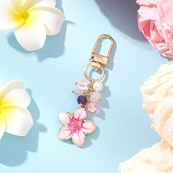 Pink Подвесные украшения из сплава эмали, с натуральными аметистовыми бусинами и поворотными застежками-карабинами, розовые, 75 мм