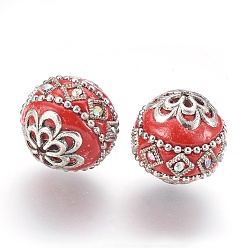 Red Handmade Indonesia Beads, with Metal Findings, Round, Antique Silver, Red, 19.5x19mm, Hole: 1mm