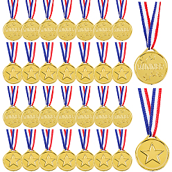 Золотистый 30шт. пластиковые медали, с ремешком в полоску, плоские круглые со звездой, золотые, 690 мм