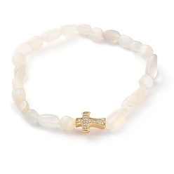 White Moonstone Nuggets Natural White Moonstone Stretch Beaded Bracelets, Tumbled Stone, with Brass Micro Pave Cubic Zirconia Cross Beads, Golden, Inner Diameter: 2~2-1/8 inch(5.1~5.5cm)