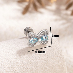 Небесно-голубой 304 из нержавеющей стали кубического циркония серьги стержня, с латунным, бантом, платина, голубой, 7x9.5 мм