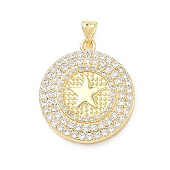 Плоский Круглый Латунные микро проложить кубического циркония подвески, плоский круглый со звездными подвесками, без свинца и без кадмия, стойки покрытие, долговечный, реальный 18 k позолоченный, плоско-круглые, 27x23.5x4.5 мм, отверстие : 5x3 мм