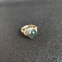 (RRHB277) Кристалл на подкладке из медово-бежевого цвета Проволочные обернутые натуральные индийские агаты круглые бусины кольца для пальцев, латунные регулируемые кольца, золотые, внутренний диаметр: регулируемый