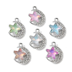 Platinum UV Plating Alloy Glass Pendants, Moon with Star Charm, with Rhinestone, Faceted, Mixed Color, Platinum, 18.5x15x6mm, Hole: 1.8mm