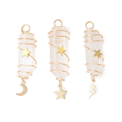 Белый Дым 3 шт. 3 стили гальванизированные подвески из натурального кварцевого кристалла с заостренными концами из медной проволоки, с латунью и 304 нержавеющей сталью звезда молния луна, золотые, серый, 44.5~54x10~11x11~13 мм, отверстие : 4 мм, 1 шт / стиль