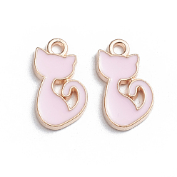 Pink Подвески из эмали и сплава, форма кошки, золотые, розовые, 10x15x1.5 мм, отверстие : 1.6 мм