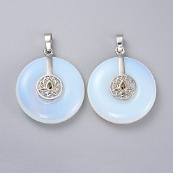 Опал Opalite подвески, с латунной фурнитурой платинового цвета, пончик / пи диск с лотосом, 35.5x30x8.5~9.5 мм, отверстие : 4.5x6.5 мм