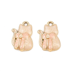 Beige Alloy Enamel Pendants, Cat Shape with Bowknot Charms, Golden, Beige, 19x13.5x4mm, Hole: 2mm