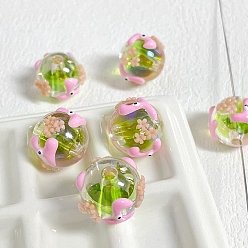 Flower Hand Drawing Transparent Acrylic Enamel Beads, Hand Drawn Beads, Round, Lime Green, Flower, 18mm, Hole: 3.1mm