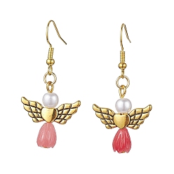 Cerise Angel Antique Golden Alloy & Resin Dangle Earrings, Imitation Pearl Acrylic Drop Earrings, Cerise, 45x21.5mm