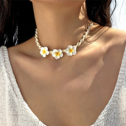 (404) Непрозрачное AB Кислое яблоко Регулируемое летнее пляжное тройное ожерелье-чокер из полимерной глины с цветочным узором, скрученное и плетеное из вощеного шнура, для женщин., цветочный белый, 39.37 дюйм (100 см)