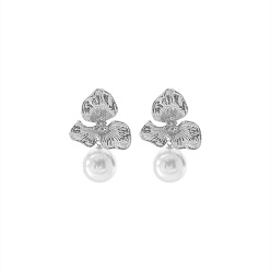 Stainless Steel Color Alloy & Plastic Pearl Stud Dangle Earrings, Flower, Stainless Steel Color, 45x30mm