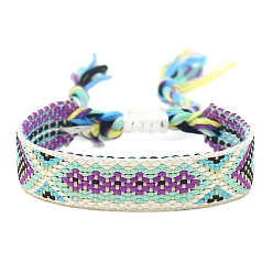 Aquamarine Bohemia Polyester Braided Rhombus Cord Bracelet, Adjustable Bracelet for Women, Aquamarine, 5-3/4 inch(14.5cm)