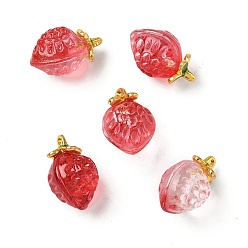 Светло-Вишневый Прозрачные стеклянные подвески, клубника, с золотой эмали сплава выводов, два тона, светло-вишневый, 18x12x10.5 мм, отверстие : 1.5 мм