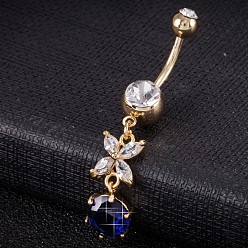 Mitternachtsblau Piercing-Schmuck, umweltfreundlicher Nabelring aus Zirkonoxid aus Messing, Bauchringe, mit 304 Edelstahlleiste, echt 18 k vergoldet, Schmetterling, Mitternachtsblau, 45x9 mm, Stangenlänge: 3/8"(10mm), Stange: 14 Spurweite(1.6mm)