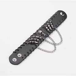 Black Punk Rock Style Cowhide Leather Rivet Bracelets, with Alloy & Iron Findings, Black, 220x35x2mm(8-5/8 inchx1-3/8 inch)