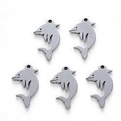 Stainless Steel Color Tarnish Resistant 304 Stainless Steel Pendants, Laser Cut, Dolphin, Stainless Steel Color, 18x10x1mm, Hole: 1.2mm