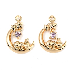 Лиловый Латунные микро проложить кубического циркония подвески, реальный 18 k позолоченный, луна, кролик и звезда, сирень, 21x14.5x3.5 мм, отверстие : 1.6 мм