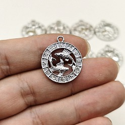 Рыбы Подвески из сплава со стразами на тему созвездий, плоские круглые прелести, серебряные, Рыбы, 24x21 мм