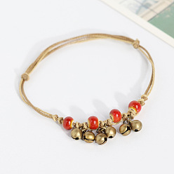 Оранжево-Красный Браслеты на лодыжку из сплава в виде колокольчика и фарфоровых бусин, регулируемый шнурок, с подвеской., античная бронза, оранжево-красный, 5-1/8~11 дюйм (130~280 мм)
