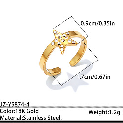 Star Ocean 304 Stainless Steel Rhinestone Cuff Open Rings, Golden, Star, 17mm