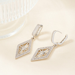 Серебро Элегантные геометрические серьги-кольца из латуни с прозрачным кубическим цирконием в форме звезды и ромба, серебряные, 47x15 мм