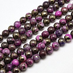 Deep Pink Electroplate Gemstone Natural Pyrite Round Beads Strands, Dyed, Deep Pink, 8mm, Hole: 1mm, about 50pcs/strand, 15.74 inch
