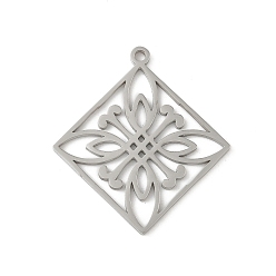 Нержавеющая Сталь Цвет 304 подвески из нержавеющей стали, ромб с цветком, полый, цвет нержавеющей стали, 32.5x29.5x1.5 мм, отверстие : 1.5 мм