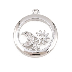 Платина Осенние латунные подвески с микропаве из прозрачного кубического циркония, солнце с лунными чарами, платина, 20x17.5x2.5 мм, отверстие : 1.2 мм