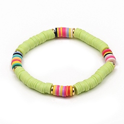 Jaune Vert Bracelets élastiques faits à la main de perles heishi en pâte polymère, laiton perles d'espacement, jaune vert, diamètre intérieur: 2-1/4 pouce (5.6 cm)