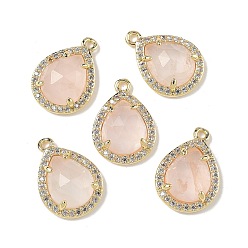 Розовый Кварц Ограненные подвески-капли из натурального розового кварца, подвески-капли из латуни с микропаве из прозрачного кубического циркония, стойки покрытие, долговечный, золотые, 16.5x12x5 мм, отверстие : 1.2 мм
