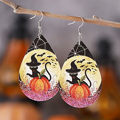 Желтый Серьги из искусственной кожи на Хэллоуин, с серьгами из нержавеющей стали и крючком, слеза с кошкой, платина, желтые, 75x35 мм