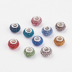 Mixed Color Grade A Rhinestone European Beads, Large Hole Beads, Resin, with Silver Color Plated Brass Core, Rondelle, Mixed Color, 12x8mm, Hole: 4mm