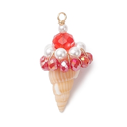 Красный Подвески из ракушек и стекла, очарование мороженого, с экологически чистой медной проволокой, красные, 32~34x16~17.5x8 мм, отверстие : 2.3 мм