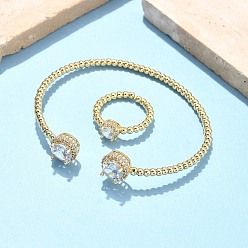 Прозрачный Круглые латунные браслеты-манжеты и кольца с микропаве из кубического циркония для женщин, стойки покрытие, реальный 18 k позолоченный, прозрачные, браслет: 3~10.5ширина мм, внутренний диаметр: 50x57 мм