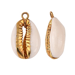 Golden Cowrie Shell Pendants, with Metal Findings, Natural Color, Golden, 17~25x10~15x5~7mm, Hole: 1.5mm