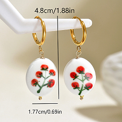 Red Hand Painted 201 Stainless Steel Hoop Earrings, Handmade Procelain Oval with Flower Pattern Dangle Earrings for Women, Gloden, Red, 48x17.7mm