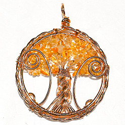 Цитрин Большие подвески из натурального цитринового кварца, медная проволока, обернутая в плоском виде, с подвесками в виде деревьев, 50 мм