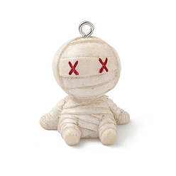 Mummy Подвески из непрозрачной смолы на Хэллоуин, с платиновыми тоновыми железными петлями, мумия, 28x23.5x20.5 мм, отверстие : 2 мм