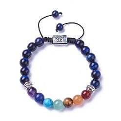 Тигровый глаз Чакра ювелирные изделия, браслеты из бисера натурального и синтетического смешанного камня, с натуральным тигровый глаз, Результаты сплава и нейлоновый шнур, прямоугольник с деревом, 52~76 мм