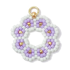 Violet Handmade Seed Beads Pendants, with Elastic Thread, Loom Pattern, Flower, Violet, 23x22x3mm, Hole: 3.4mm