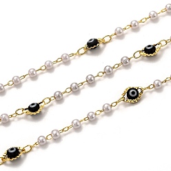 Black Handmade Brass Chains, with Acrylic Imitation Pearl, Lampwork and Spool, Long-Lasting Plated, Soldered, Evil Eye, Golden, Black, Link: 2.6x1.8x0.3mm
