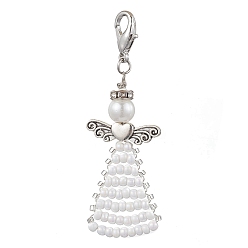 Белый Ангел стеклянные бусины подвески украшения, сплав застежка-карабин подвески украшения, белые, 68 мм