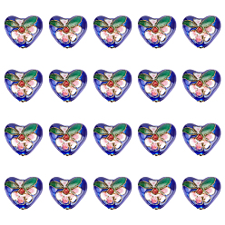 Синий Бусины ручной работы перегородчатой, Сердце со цветками , синие, 13~14x16x8 мм, отверстие : 1.5 мм, 20 шт / коробка