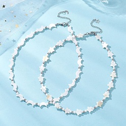 Mixed Shapes 2шт. 2 стили: ожерелья из натуральных белых ракушек и латунных бусин в форме луны и звезды, с 304 удлинителями цепи из нержавеющей стали, цвет нержавеющей стали, разнообразные, 16.14 дюйм (41 см), 1 шт / стиль